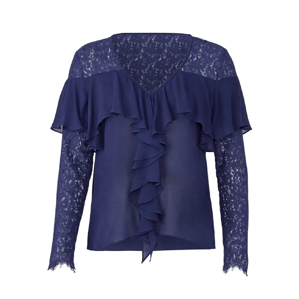 Nicole Miller Atelier Sheer Ruffle Silk Top V-Neck - Blue Lace - Size S or M